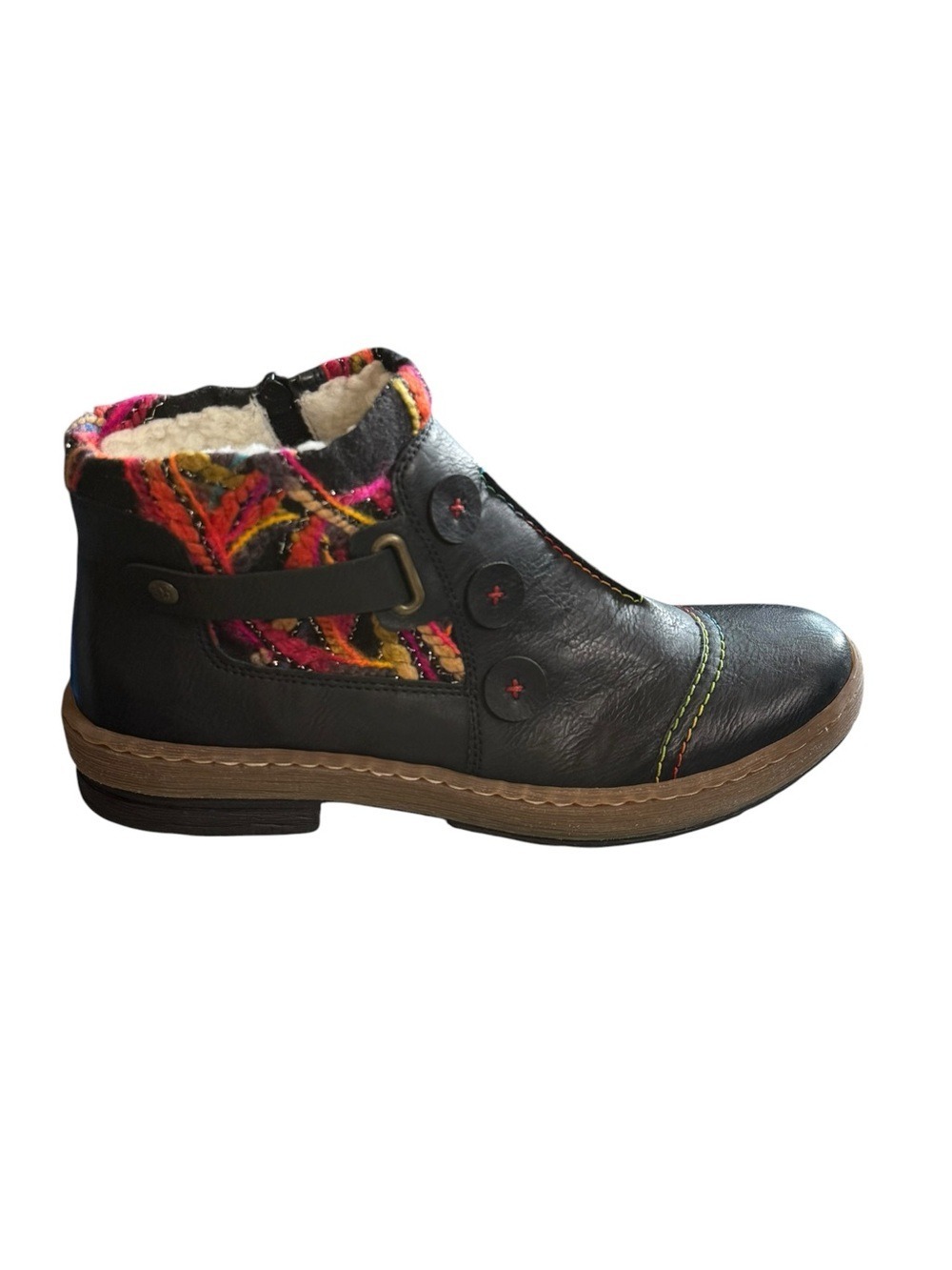 Rieker Black Leather Ankle Boots Faux Fur Lined Colorful Stitching US 11 NWT - Picture 2 of 13